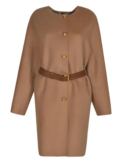 Prada Belted Buttoned Coat In Brown