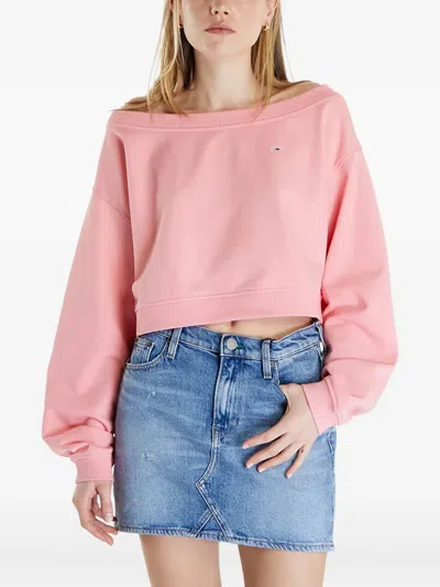 Tommy Hilfiger Off-shoulder Cropped Sweatshirt In Pink