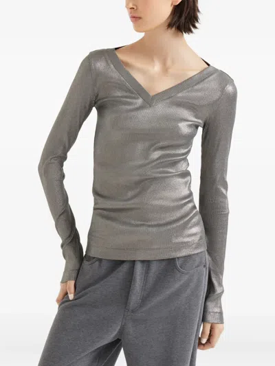 Brunello Cucinelli V-neck T-shirt In Silver