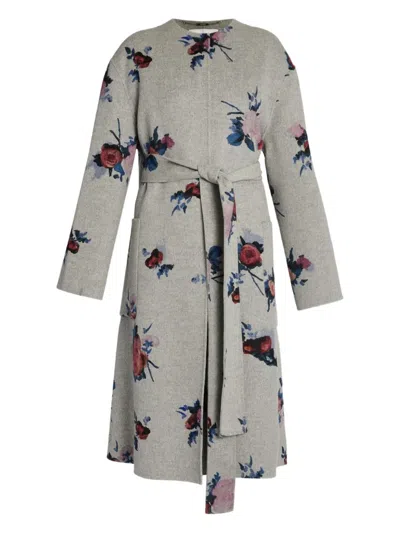 Erdem Belted Floral Wool Coat In Gray