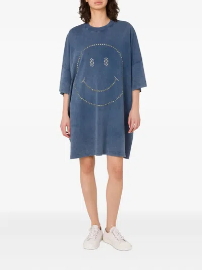 Moschino Smiley Face-studded Mini Dress In Blue