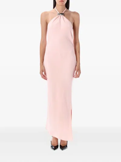 Attico Long Dress With Asymmetric Hem And Metal Detail In Pink