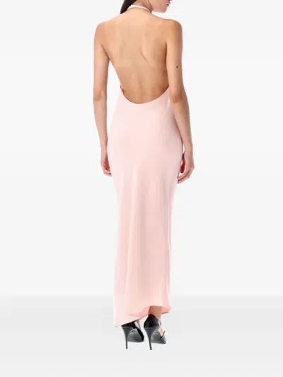 Attico Long Dress With Asymmetric Hem And Metal Detail In Pink