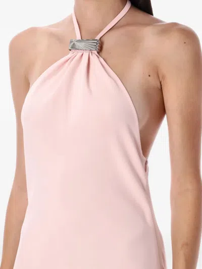 Attico Long Dress With Asymmetric Hem And Metal Detail In Pink