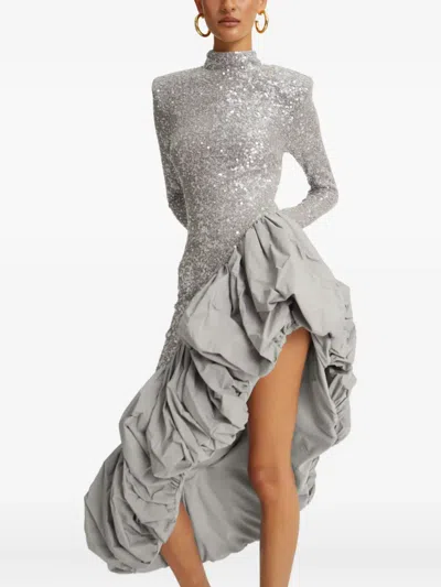 Rotate Birger Christensen Asymmetrical Silver Dress With Sequins In Gray