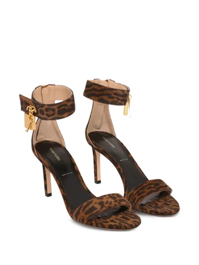 Tom Ford Brown Ocelot-print Suede Padlock Heeled Sandals In Brown