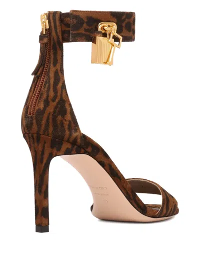 Tom Ford Brown Ocelot-print Suede Padlock Heeled Sandals In Brown