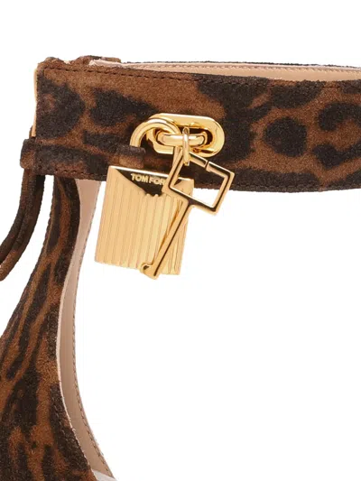 Tom Ford Brown Ocelot-print Suede Padlock Heeled Sandals In Brown