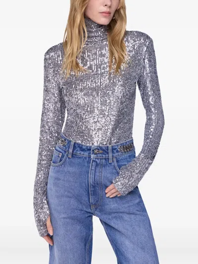 Rabanne Sequined Tulle Turtleneck Top In Gray