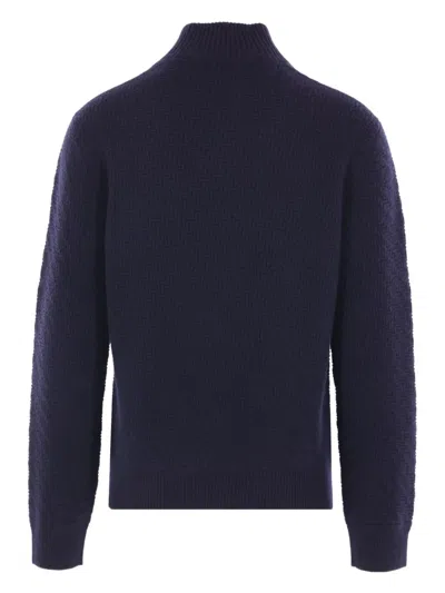 Giorgio Armani Mock Neck Jumper In Diagonal Links-stitch Cashmere In Blue