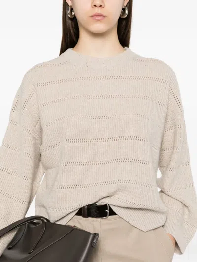 Brunello Cucinelli Striped Open-knit Sweater In Neutral