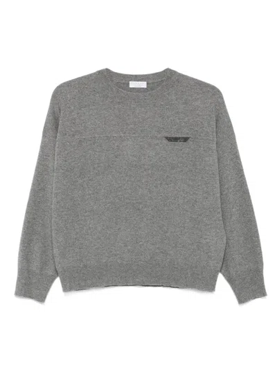 Brunello Cucinelli Crew Neck Sweater With Details In Gray
