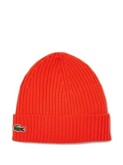 Lacoste Ribbed Texture Folded Cuff Hat In Red