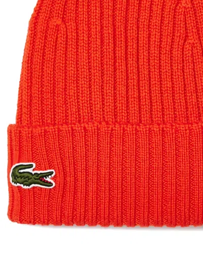 Lacoste Ribbed Texture Folded Cuff Hat In Red