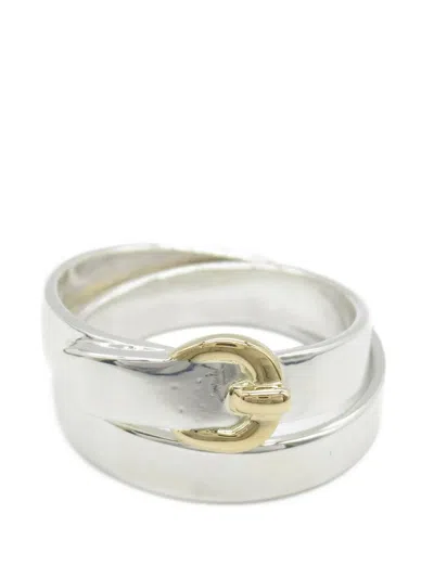 Pre-owned Hermes 1990-2010 Sterling Silver And 18k Yellow Gold Double Tour Buckle Ring