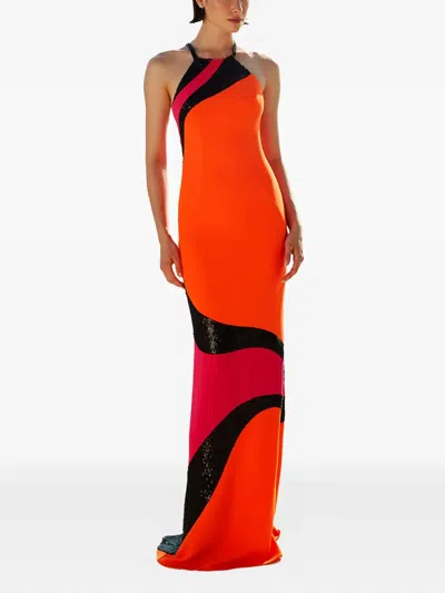 Maestri Sequin-panel Halter Neck Maxi Party Dress