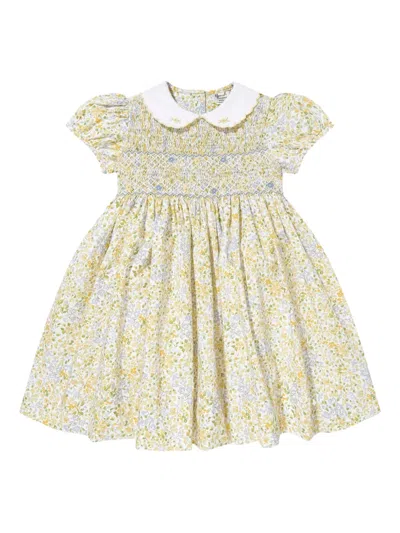 Sarah Louise Girls Floral Smocked Dress In Yellow