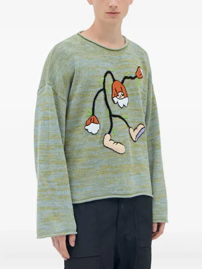 Brain Dead Carignan Marled Embroidered-flower Sweater In Green