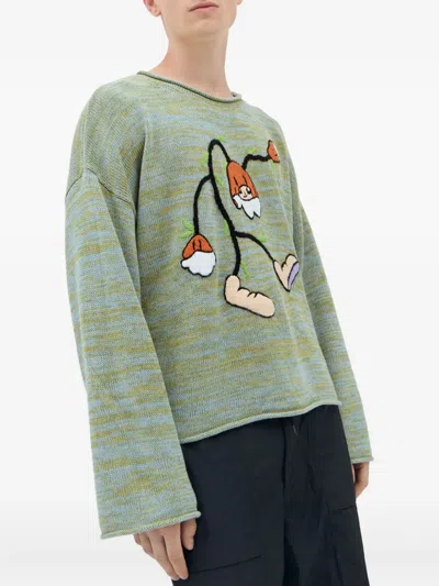 Brain Dead Carignan Marled Embroidered-flower Sweater In Green