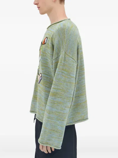 Brain Dead Carignan Marled Embroidered-flower Sweater In Green