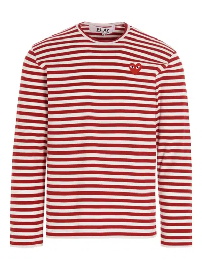 Comme Des Garçons Play Striped Logo Patch Long Sleeve T-shirt In Red