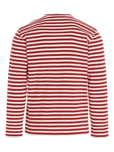 Comme Des Garçons Play Striped Logo Patch Long Sleeve T-shirt In Red
