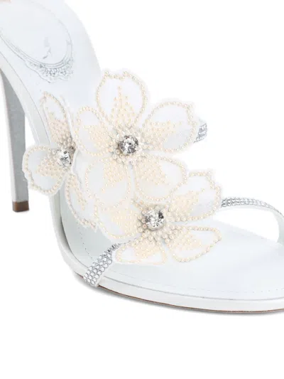 René Caovilla Leather Floral Embroidered Crystal Sandals In White