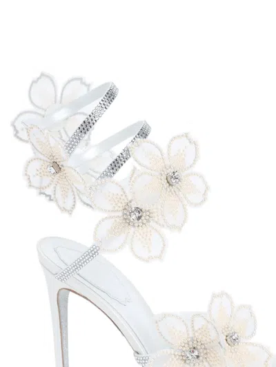 René Caovilla Leather Floral Embroidered Crystal Sandals In White