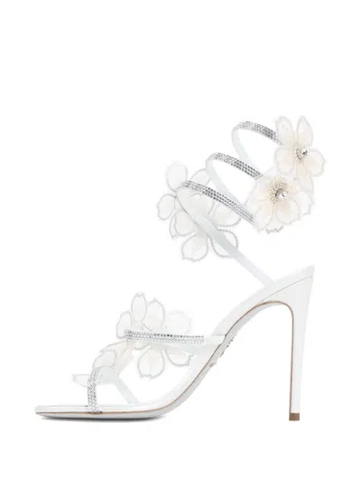 René Caovilla Leather Floral Embroidered Crystal Sandals In White