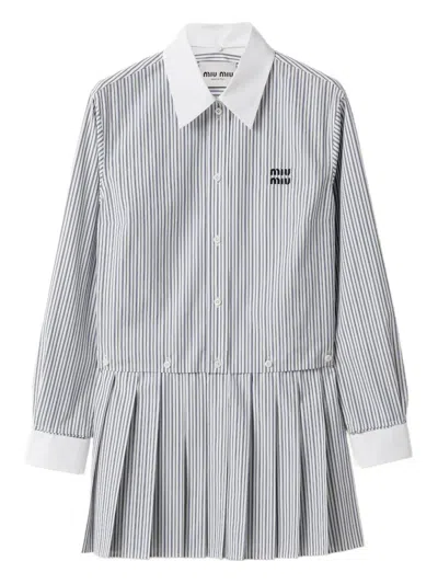Miu Miu Pleated Striped Poplin Mini-dress In Blue