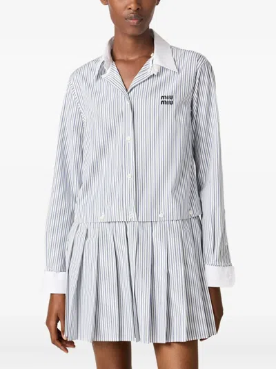 Miu Miu Pleated Striped Poplin Mini-dress In Blue