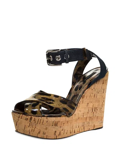Pre-owned Dolce & Gabbana 135mm Leopard-print Wedge Sandals