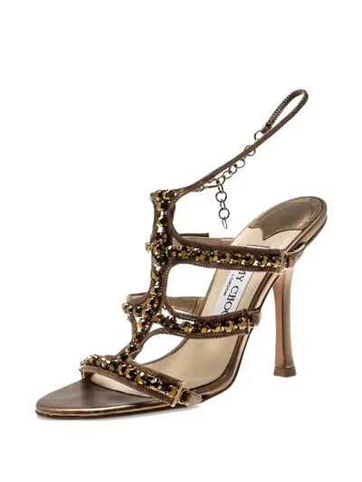 Pre-owned Jimmy Choo 100mm Metal Chain Embellished Sandals In Gold