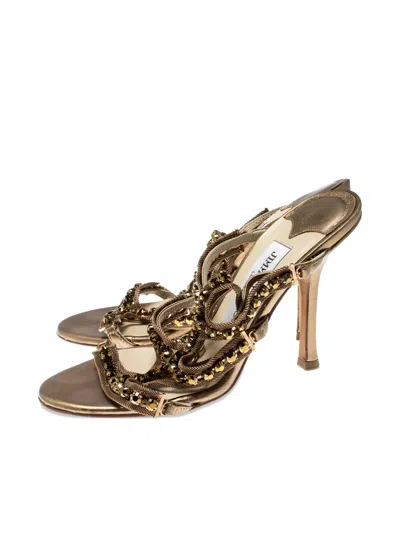 Pre-owned Jimmy Choo 100mm Metal Chain Embellished Sandals In Gold