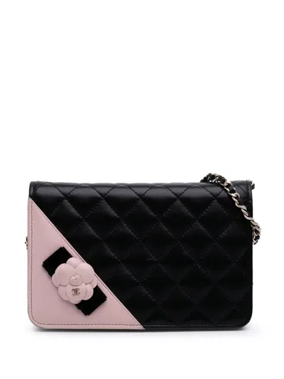 Pre-owned Chanel 2016-2017 Bicolor Quilted Lambskin Camellia Wallet On Chain Crossbody Bag In Pink