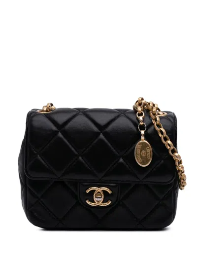 Pre-owned Chanel 2021-2025 Mini Quilted Lambskin Bijoux Logo Chain Square Flap Crossbody Bag In Black