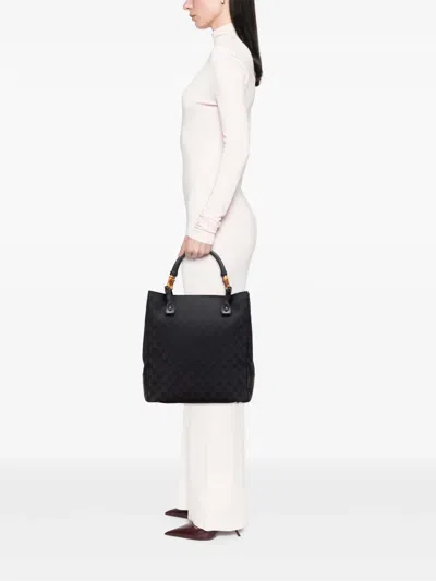 Pre-owned Gucci 2000-2015 Gg Canvas Bamboo Tote Bag In Black
