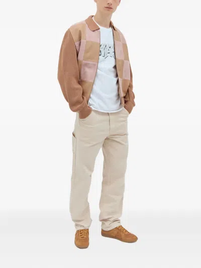 Awake Ny Mens Brown Checked Polo-collar Suede Jacket In Multi