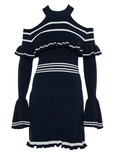 Pre-owned Self-portrait Ribbred Ruffled Mini Dress In Blue