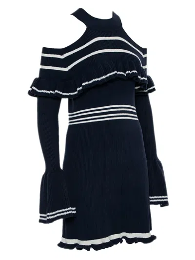 Pre-owned Self-portrait Ribbred Ruffled Mini Dress In Blue