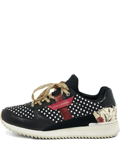 Pre-owned Dolce & Gabbana Polka-dot Floral Sneakers In Black