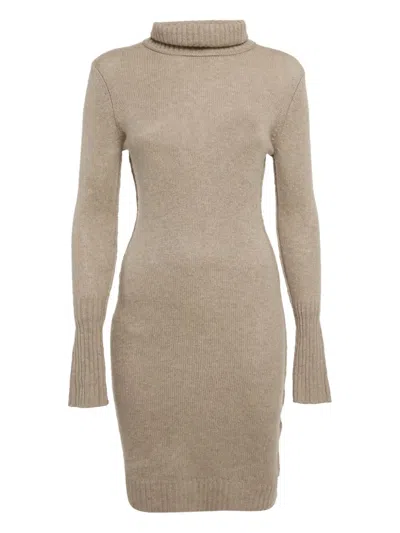 Pre-owned Oscar De La Renta Turtleneck Cashmere Midi Dress In Neutral