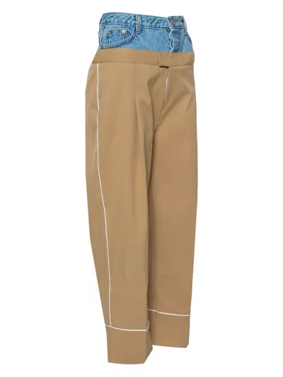 Pre-owned Dina Zaki Denim-overlay Trousers In Brown