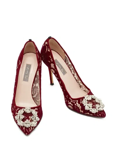 Pre-owned Sjp By Sarah Jessica Parker 100mm Lace Crystal-embellished Pumps In Red