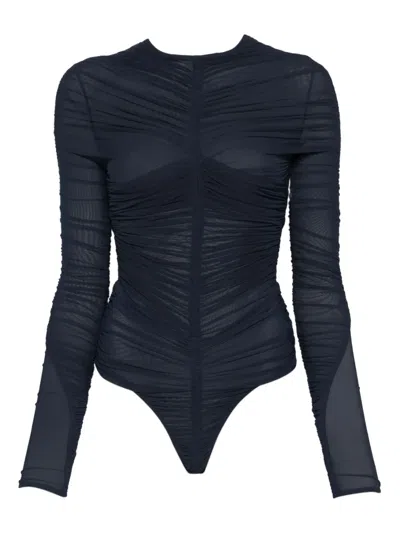 Mugler Gathered Mesh Bodysuit In Blue