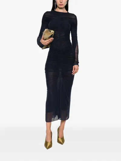 Mugler Gathered Mesh Bodysuit In Blue