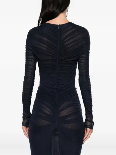 Mugler Gathered Mesh Bodysuit In Blue