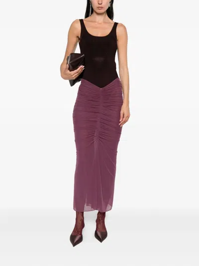 Mugler Ruched Mesh Maxi Skirt In Pink