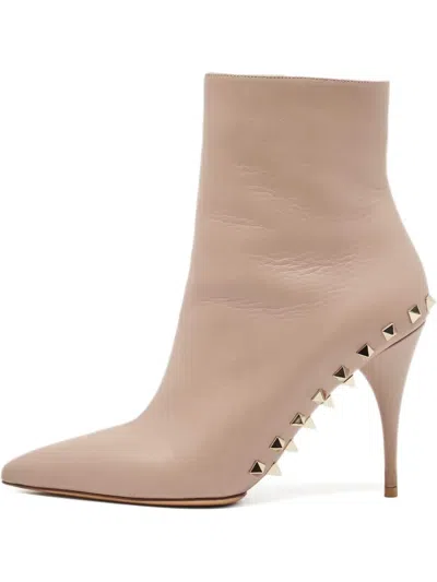 Pre-owned Valentino Garavani 100mm Studded Point-toe Leather Boots In Neutral