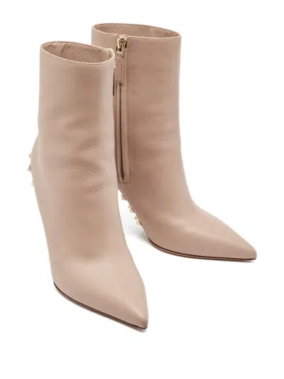 Pre-owned Valentino Garavani 100mm Studded Point-toe Leather Boots In Neutral